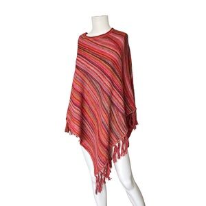 Alpaca7 Baby Alpaca Striped Poncho Fringe Knit Colorful Soft Womens One Size